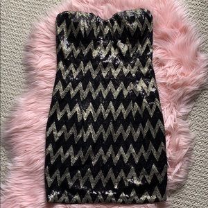 Strapless black and gold sequin sexy chevron dress